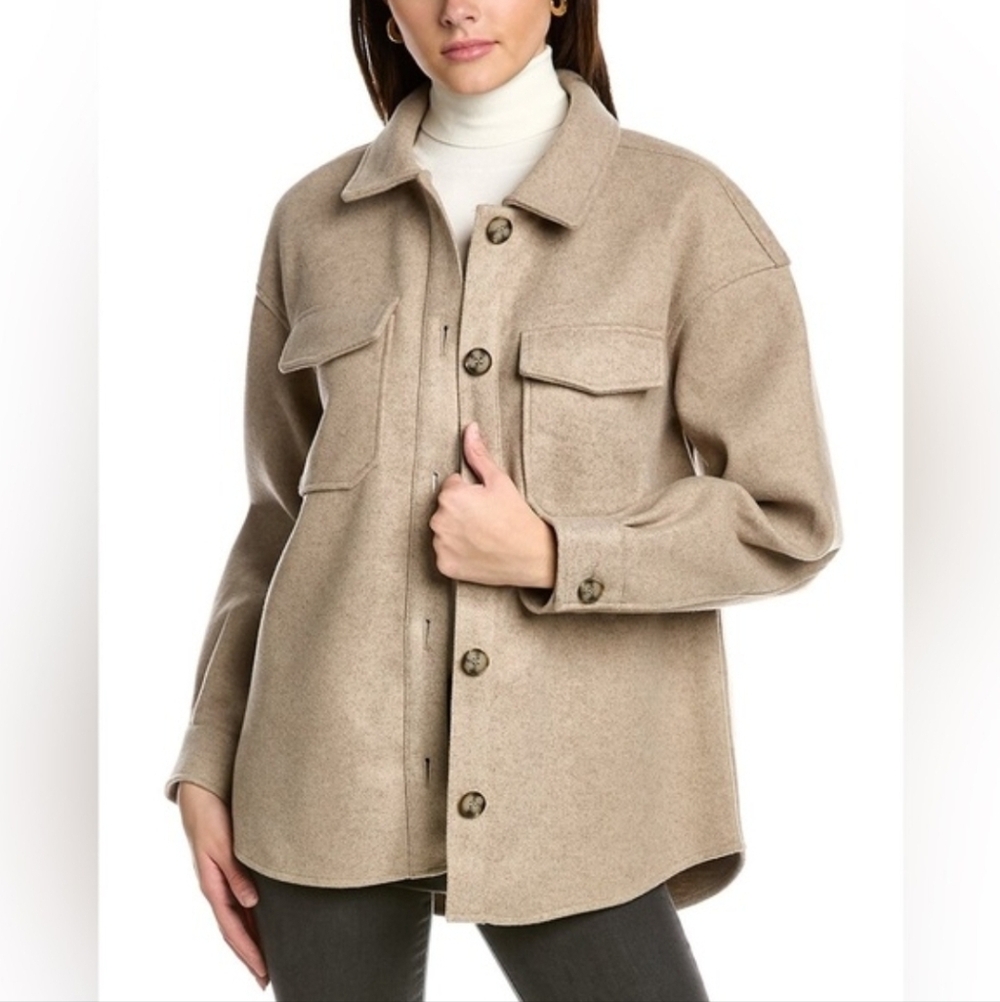 Avec Les Filles Melange Button Front Boyfriend Shacket NWT, Oatmeal/Beige, Large